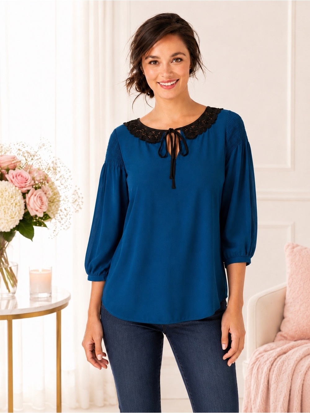 LC Lauren Conrad Teal Lace Trim Peasant Blouse Boho Tie Neck Top NWT S